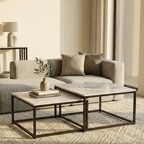 Ciest Square Nested Coffee Table Set - White Marble Stone – premium furniture by Interior Ave
