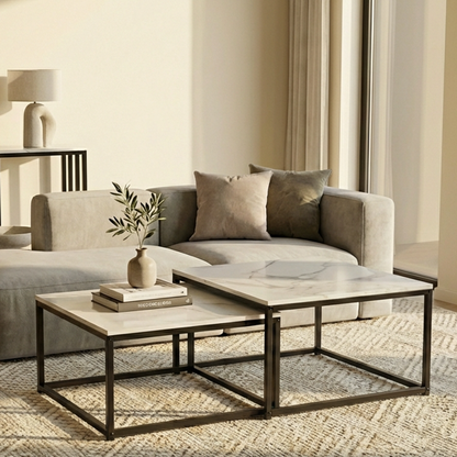 Ciest Square Nested Coffee Table Set - White Marble Stone – premium furniture by Interior Ave