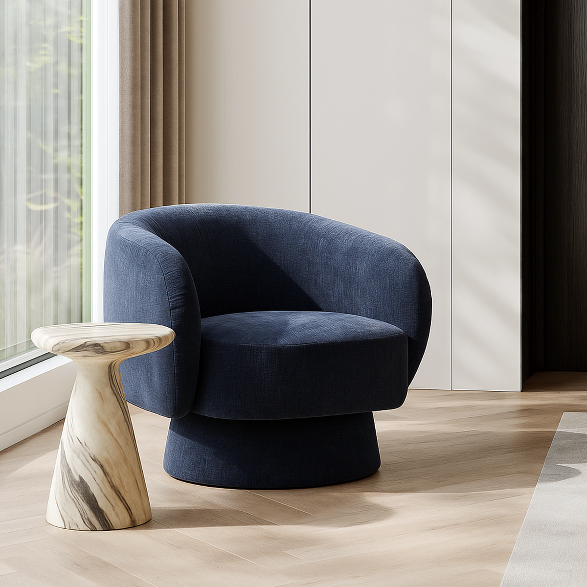 Celine Swivel Armchair – Denim Chenille Blue with Sculptural Base
