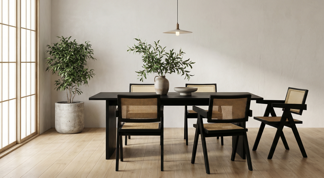 Black Solid Wood & Rattan Dining Chair – Modern Natural & Scandinavian Style Seating by Interior Ave