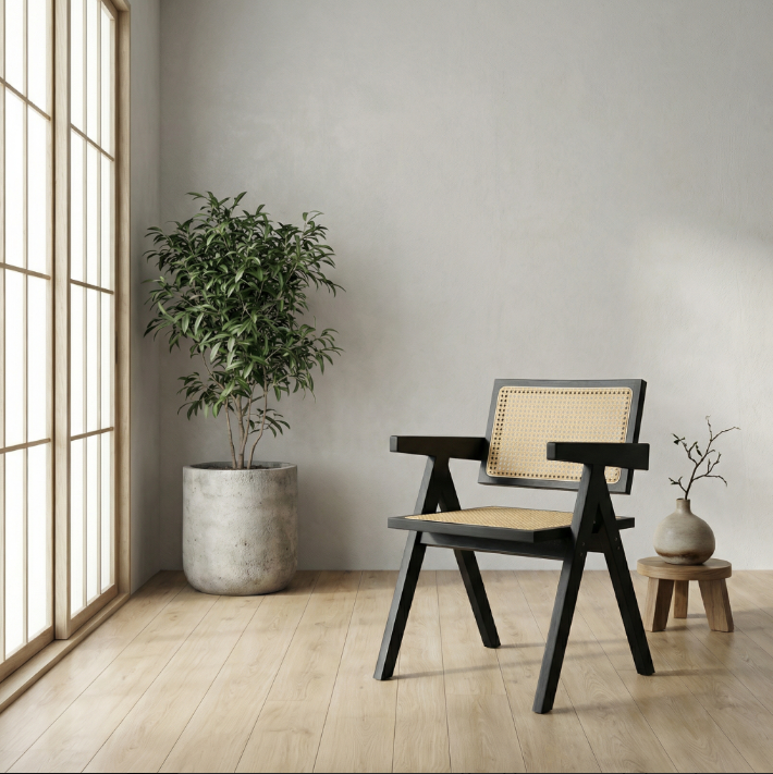 Eden Solid Wood Rattan Dining Chair - Black - Set of Two