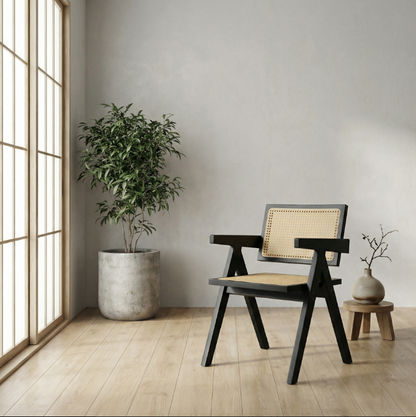 Black Solid Wood & Rattan Dining Chair – Modern Natural & Scandinavian Style Seating by Interior Ave
