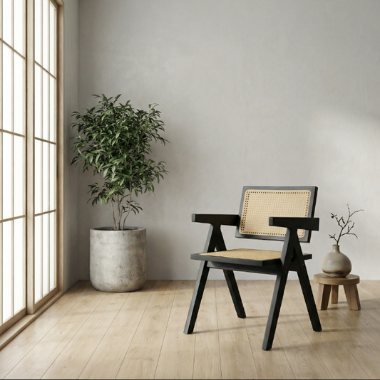 Black Solid Wood & Rattan Dining Chair – Modern Natural & Scandinavian Style Seating by Interior Ave