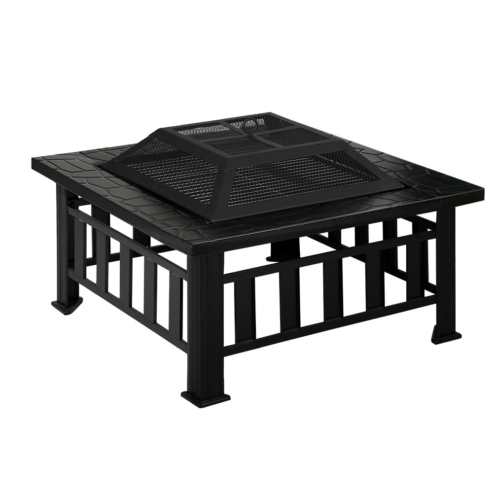 Black square fire pit table on a white background
