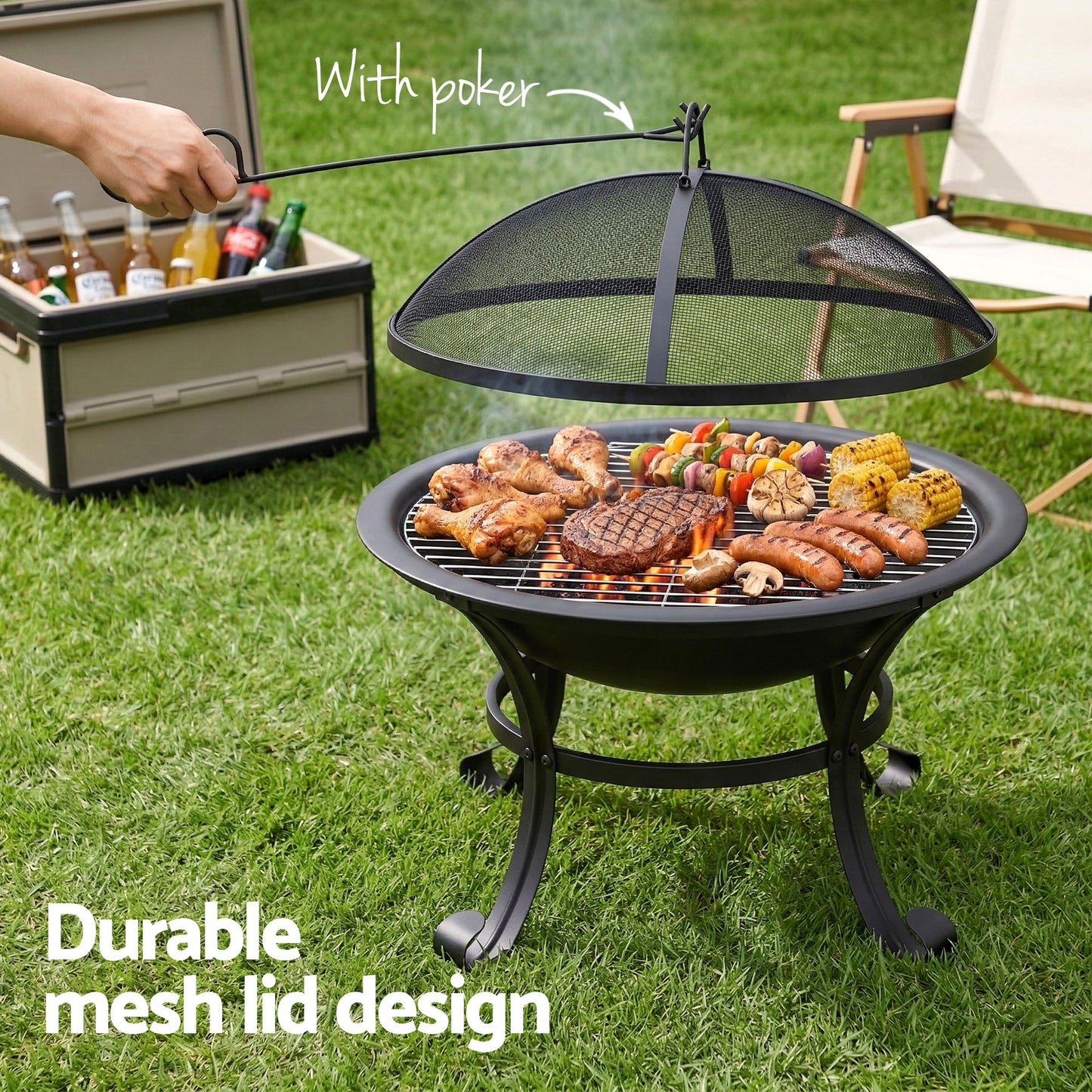 Portable Fire Pit BBQ with Mesh Spark Guard & Grill