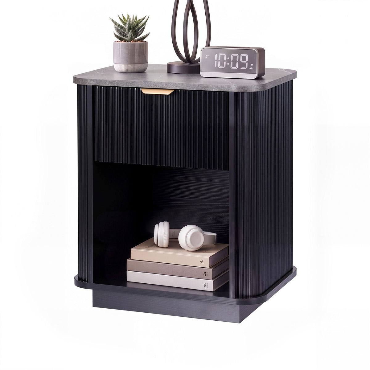 Tura black bedside table three-quarter angle view showing marble-effect top and fluted black body