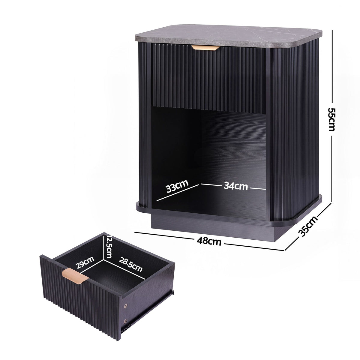 Tura black bedside table side profile showing MDF construction and solid base