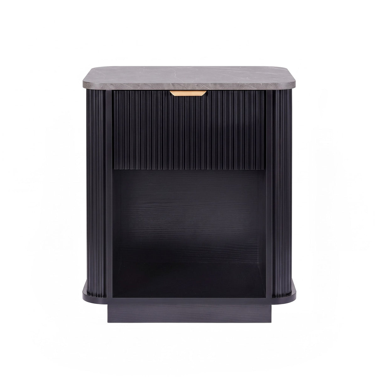 Tura black bedside table dimension diagram showing 48cm width, 35cm depth and 55cm height