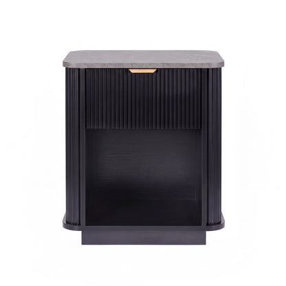 Tura black bedside table dimension diagram showing 48cm width, 35cm depth and 55cm height