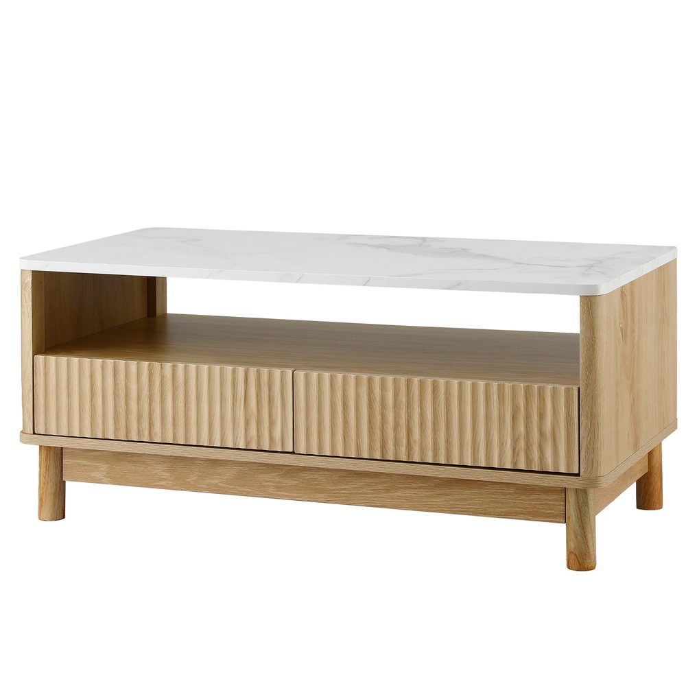 Blanc coffee table in wood and white with marble-look top, fluted drawers, open shelf and pine legs