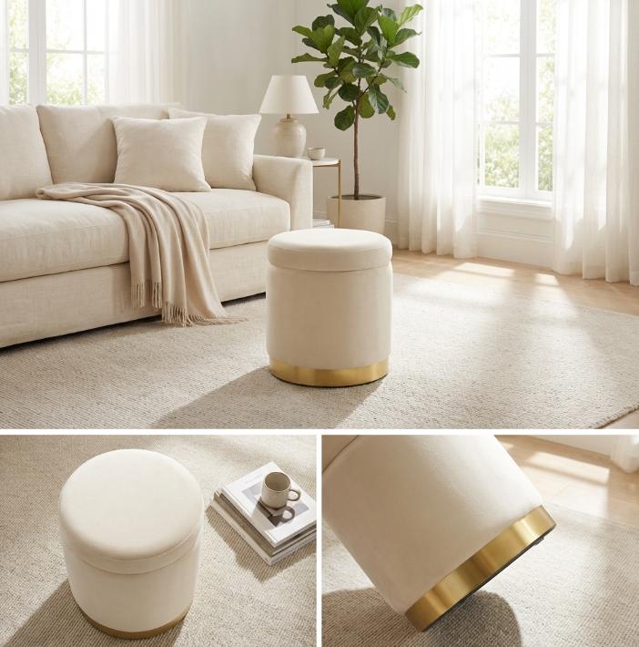 Gia Velvet Storage Ottoman – Cream Tufted Footstool with Storage – modern ottoman or footstool by Interior Ave