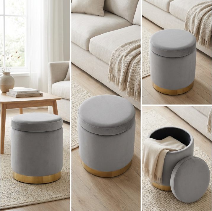 Gia Velvet Storage Ottoman – Light Grey Tufted Footstool with Storage – modern ottoman or footstool by Interior Ave