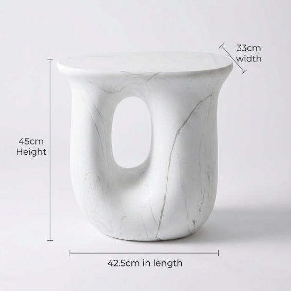 White marble vase with dimensions labeled on a light gray background