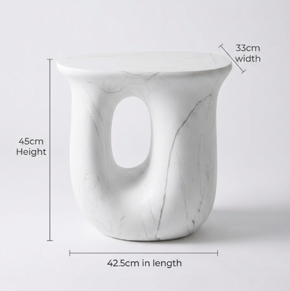 White marble vase with dimensions labeled on a light gray background