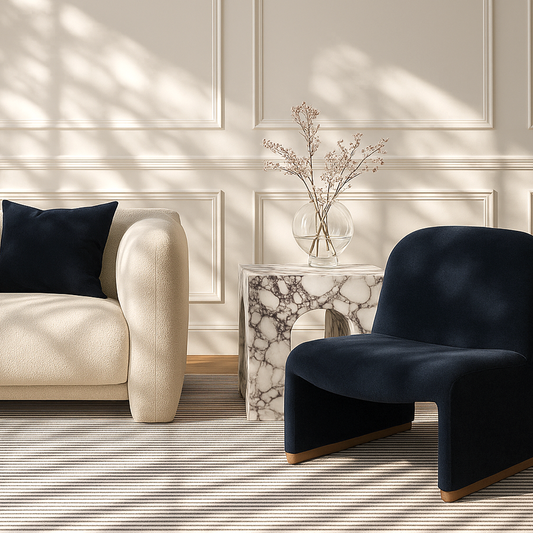 Haven Curved Boucle Armchair – Sculptural Indigo Denim Accent Chair with Soft Rounded Form