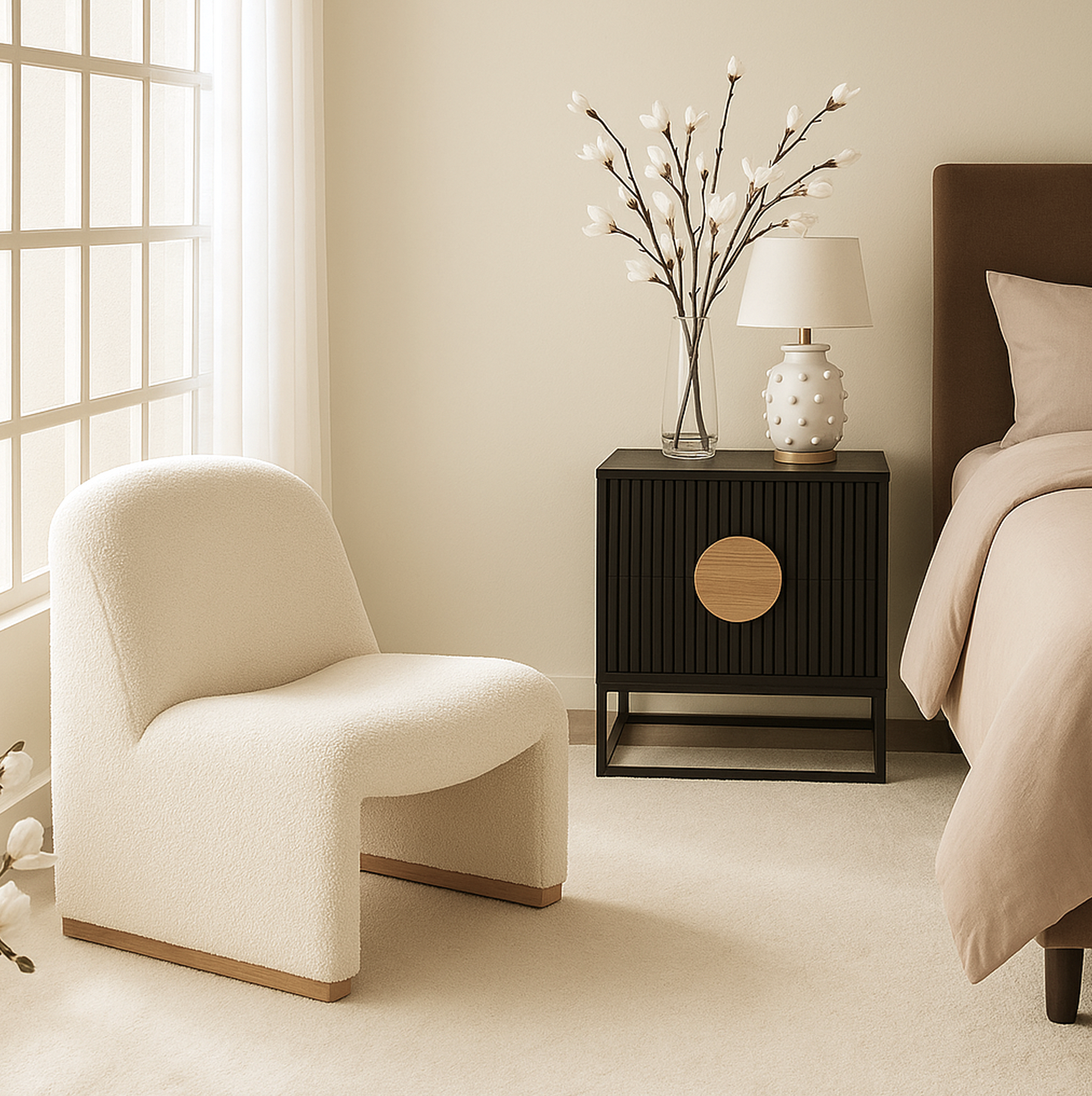 Haven Curved Boucle Armchair – Sculptural White Accent Chair with Soft Rounded Form