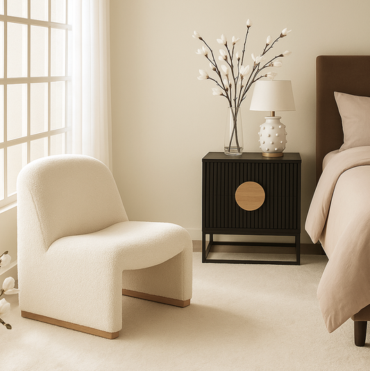 Haven Curved Boucle Armchair – Sculptural White Accent Chair with Soft Rounded Form