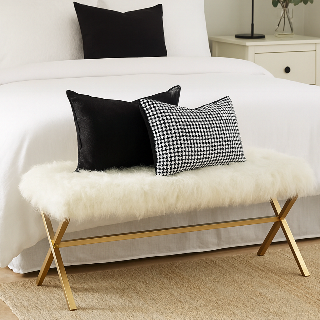 Oxley Fur Bench - White & Gold