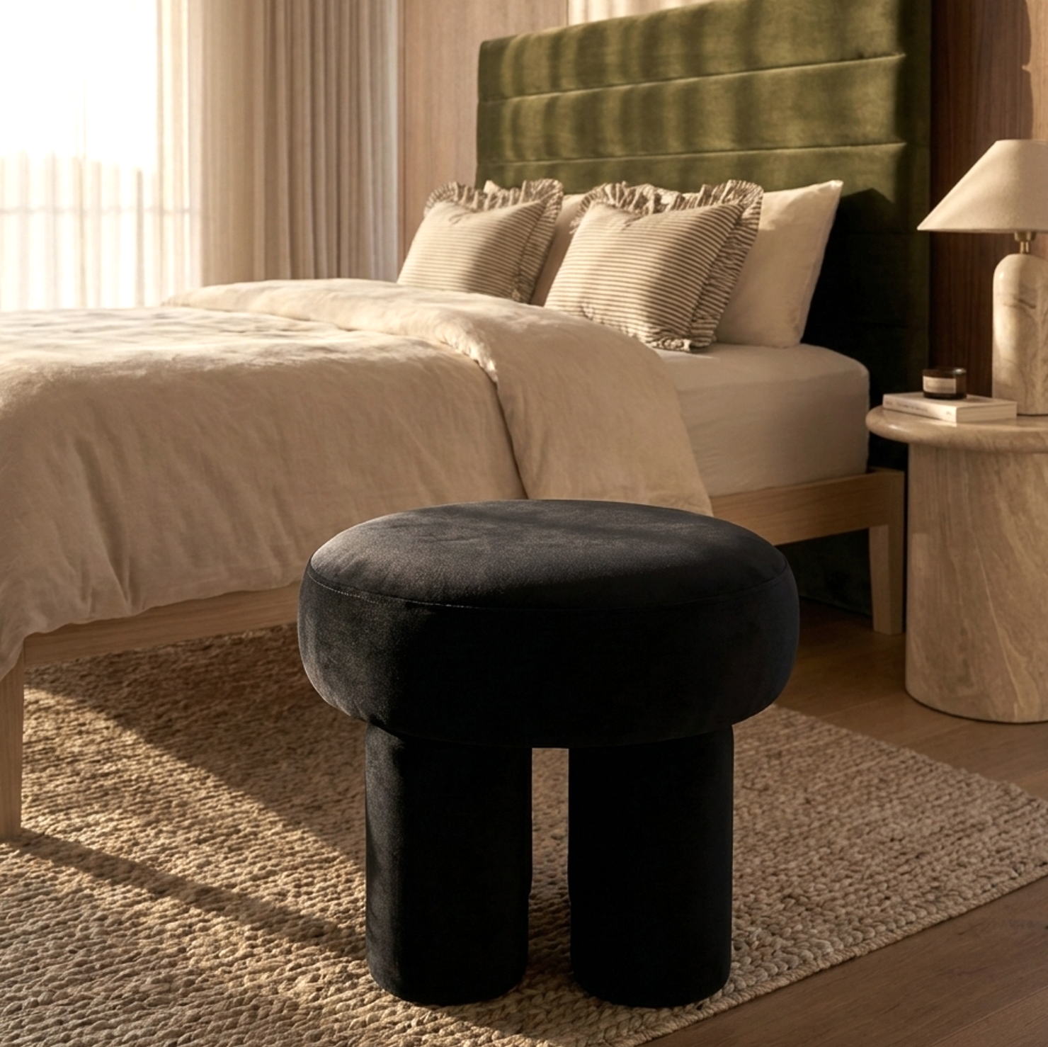 Black velvet stool in front of a bed with green headboard and beige bedding.