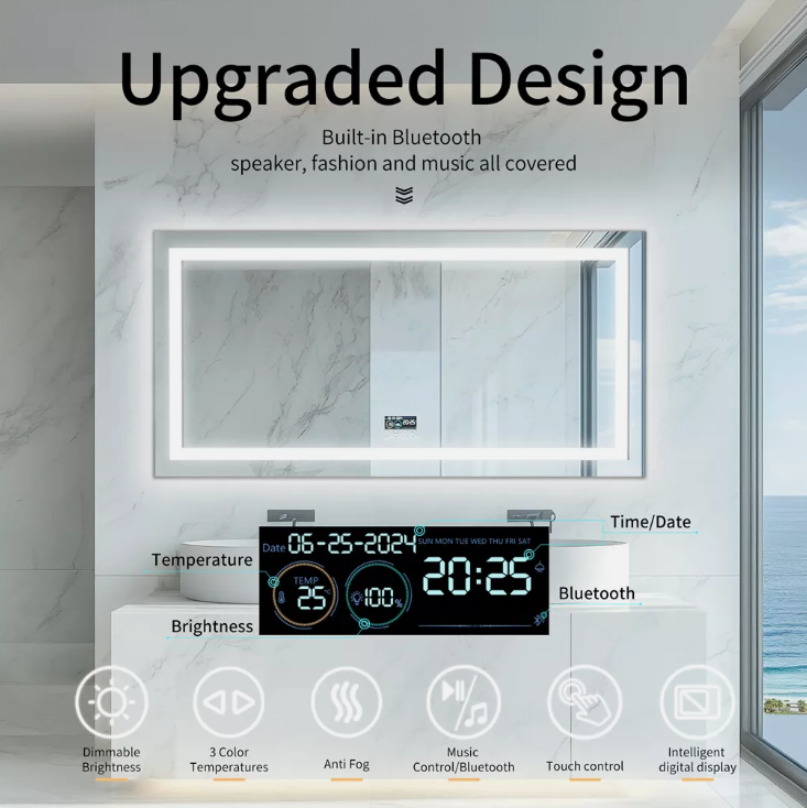 100 x 60cm Rectangle Frameless LED Bathroom Bluetooth Mirror – LED illuminated bathroom mirror by Interior Ave