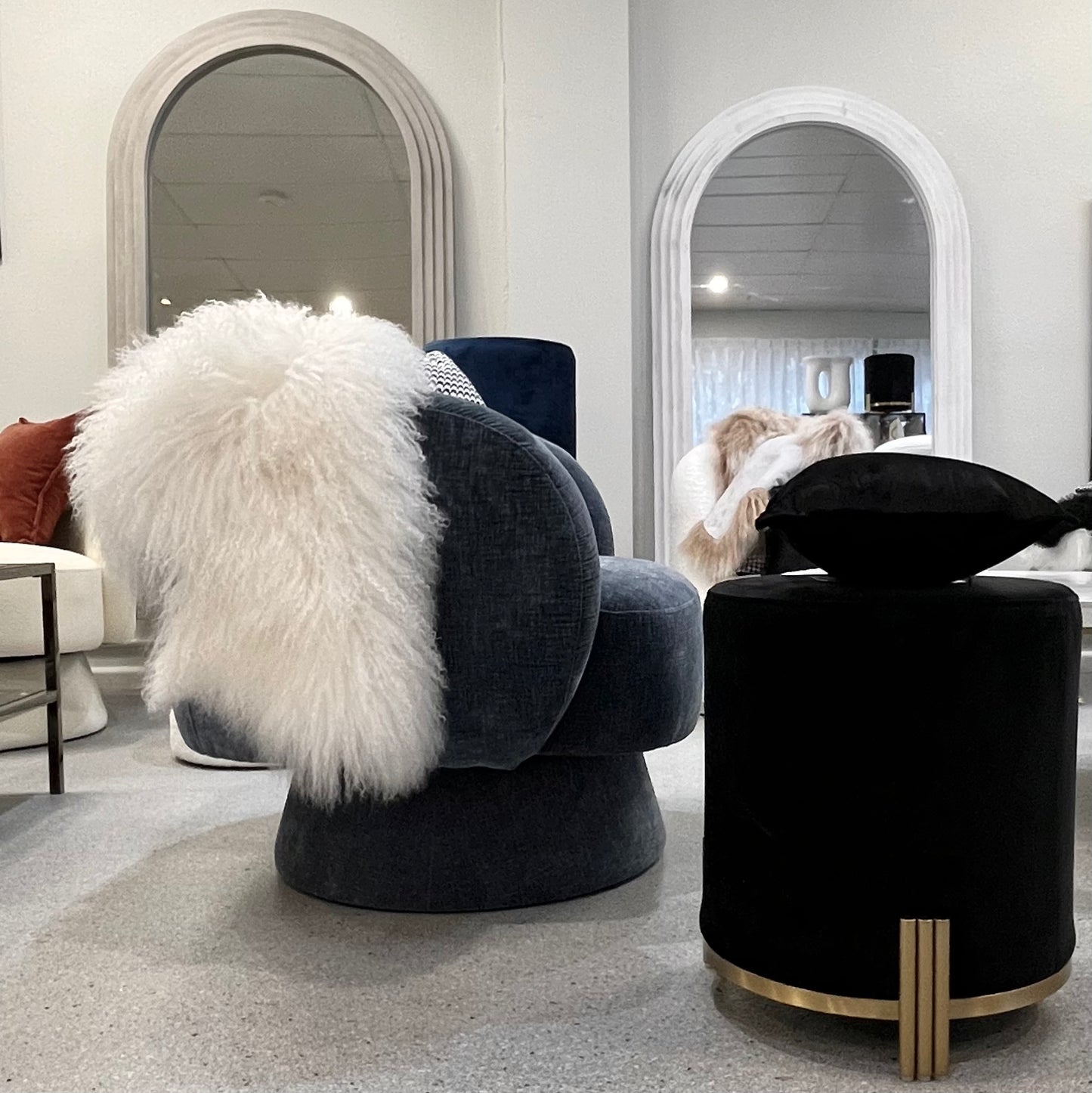 Celine Swivel Armchair – Denim Chenille Blue with Sculptural Base