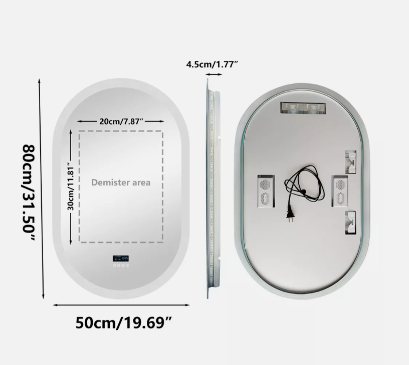 50 x 80cm Oval LED Bathroom Mirror - Bluetooth