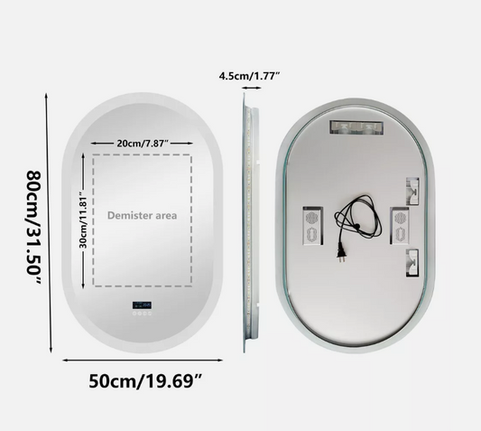 50 x 80cm Oval LED Bathroom Mirror - Bluetooth