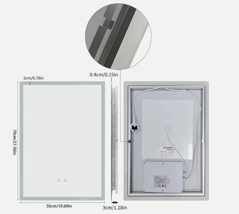 50 x 70cm Rectangle LED Bathroom Mirror