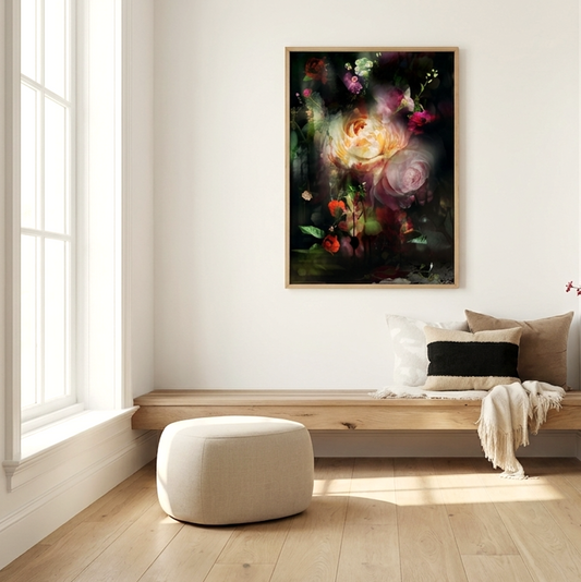 Limelight glowing cream rose against deep shadow with jewel-toned florals dark wall art