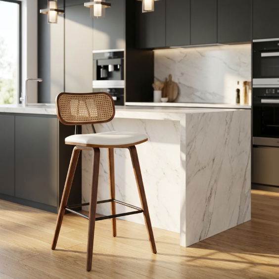 Rattan cane back bar stool with walnut frame | Modern Bar Stools by Interior Ave