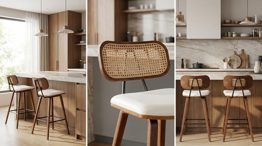 Rattan cane back bar stool with walnut frame | Modern Bar Stools by Interior Ave