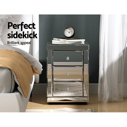 Crystal Mirrored Bedside Table - Silver