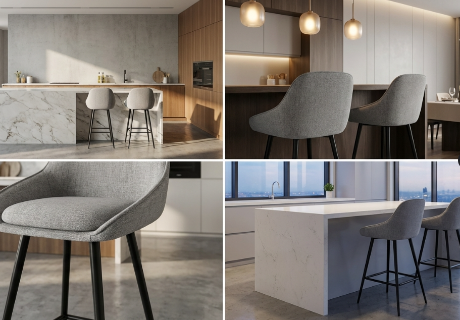 Metro Grey bar stool with curved backrest and black metal legs – Metro by Interior Ave