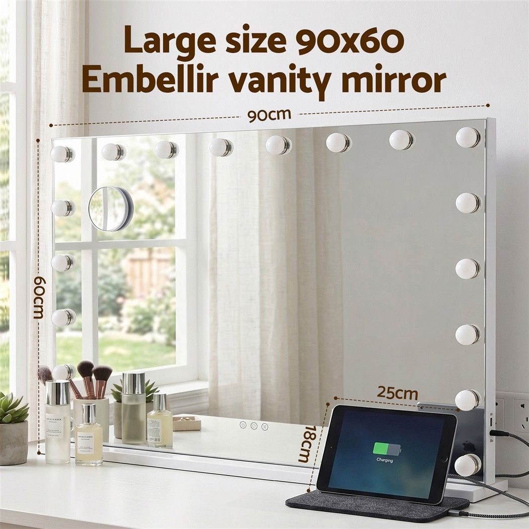Hollywood Lux XL LED makeup mirror 90cm colour temperature comparison showing warm, neutral and cool LED modes