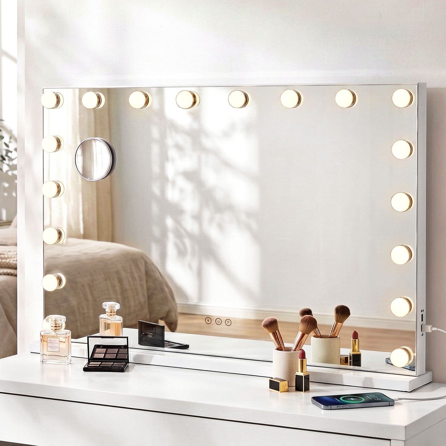 Hollywood Lux XL LED makeup mirror 90cm dimension diagram showing 90cm x 60cm mirror surface and overall product dimensions