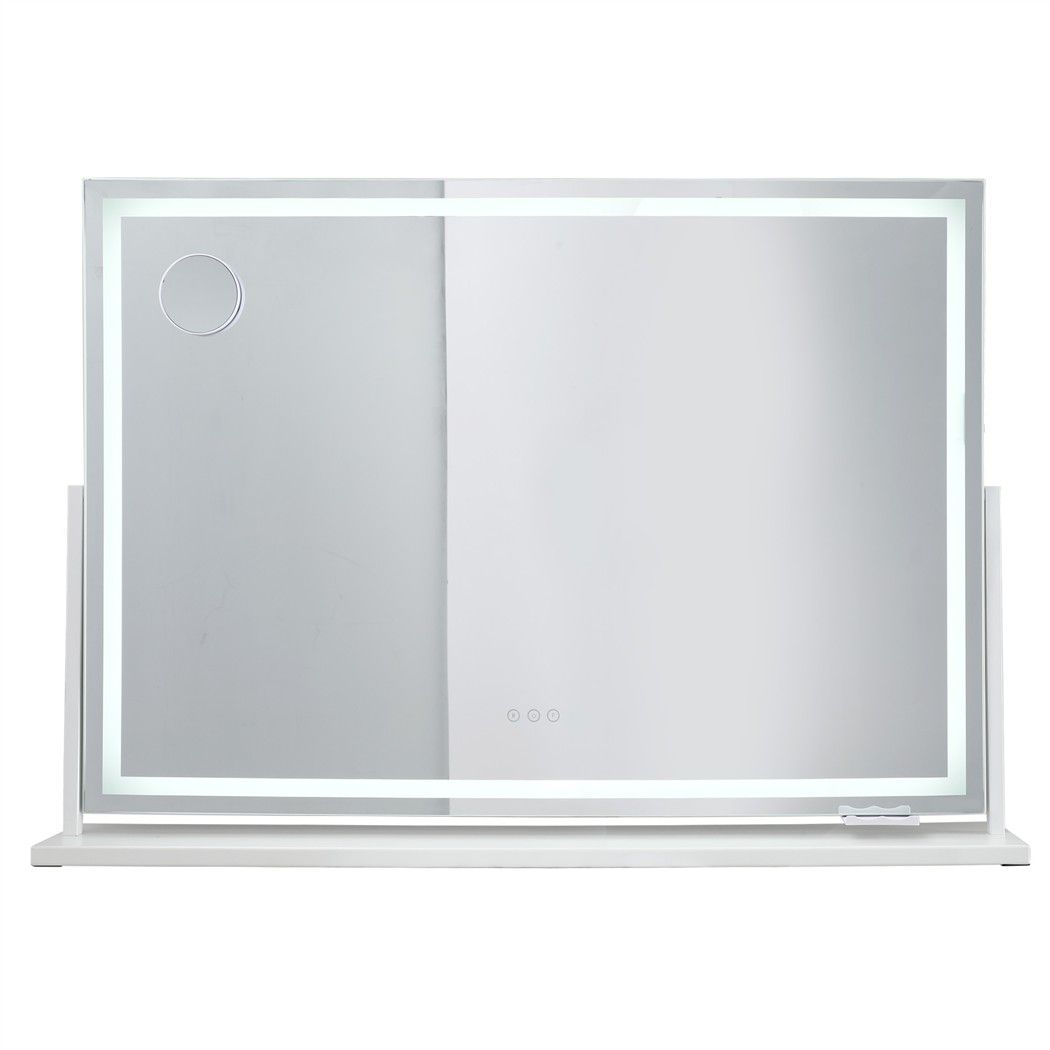 Makeup Pro XL LED vanity mirror 100cm with 10x magnifying spot mirror attached and phone holder in use