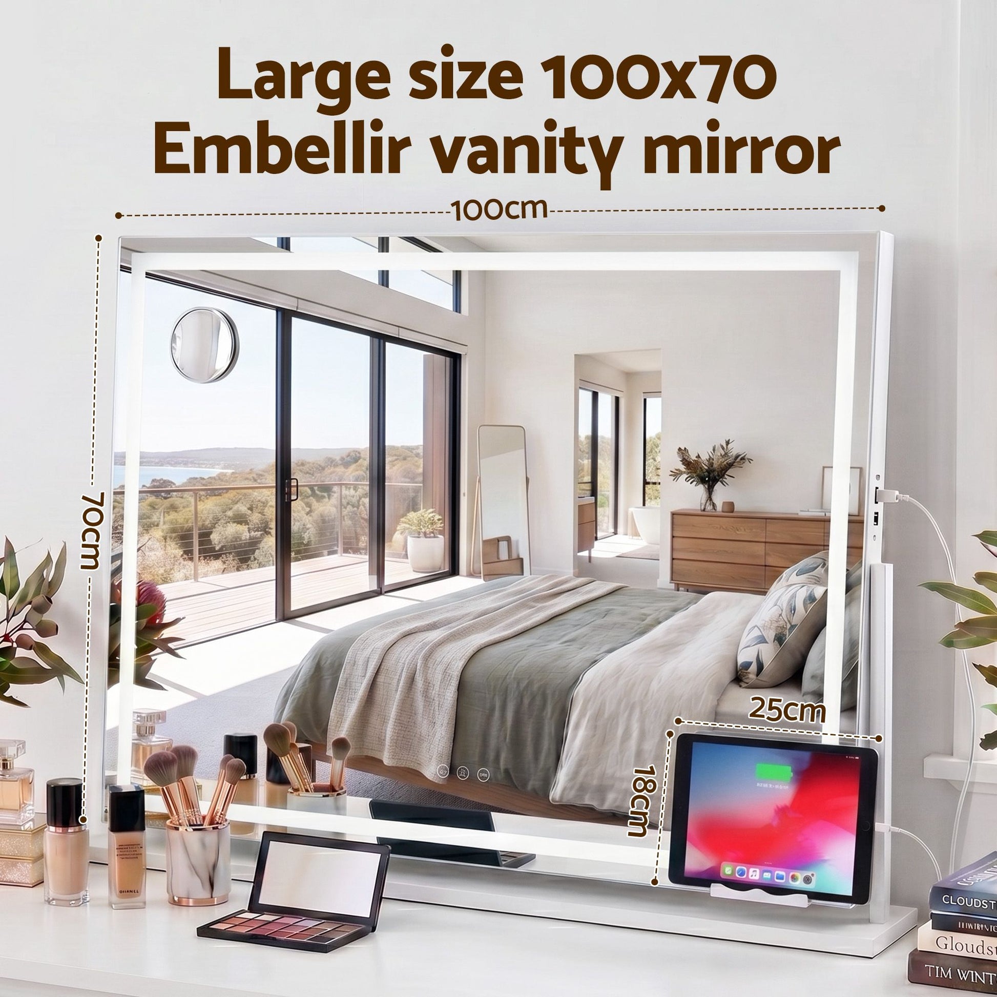 Makeup Pro XL LED vanity mirror 100cm wall-mount installation showing bracket and hardware