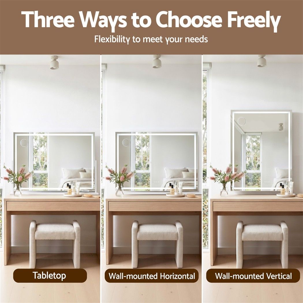 Makeup Pro XL LED vanity mirror 100cm dimension diagram showing 100cm x 70cm mirror surface and overall product dimensions
