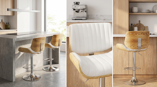 Walnut woodgrain adjustable bar stool with white PU leather seat | Modern Bar Stool by Interior Ave