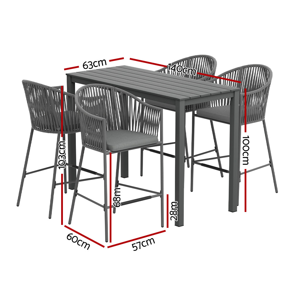 Saffire 5-Piece Outdoor Bar Set Dining Table Rope Chair Patio Bistro Set