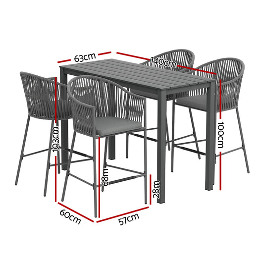 Saffire 5-Piece Outdoor Bar Set Dining Table Rope Chair Patio Bistro Set