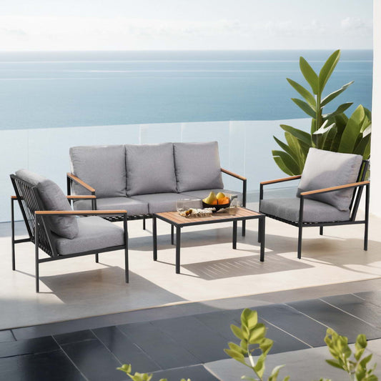 Palm Cove 5 Seater Outdoor Sofa Set 4PCS Patio Furniture - Black