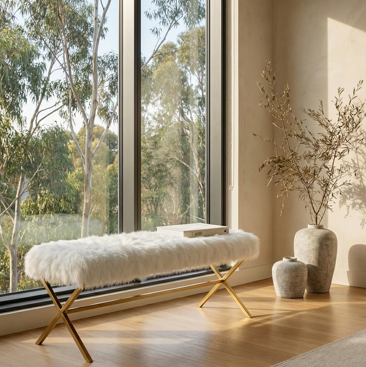 Oxley Fur Bench - White & Gold