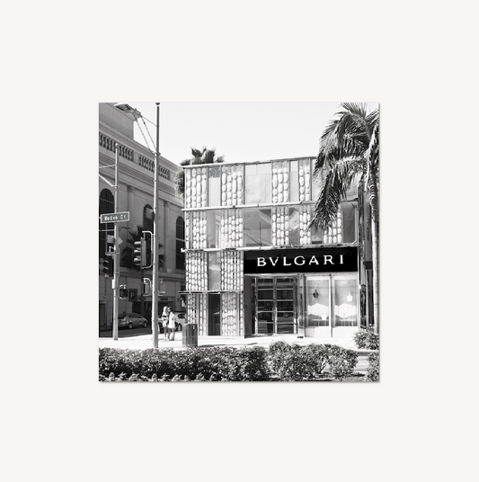 Rodeo Drive wall art — Bulgari storefront in black and white with palm trees on an upscale Beverly Hills street