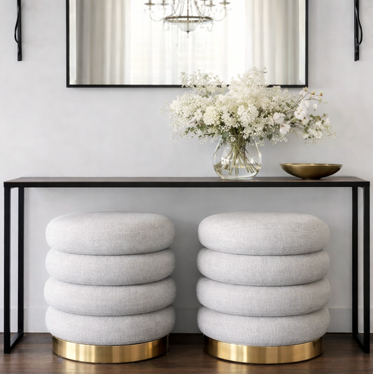 Roma Round Tweed Ottoman / Footstool – Light Grey | Stylish Ottoman by Interior Ave