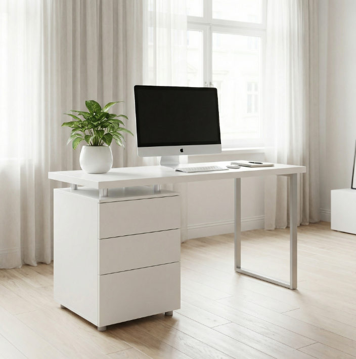 White studio desk with three-drawer cabinet and metal leg | Modern Furniture by Interior Ave
