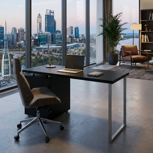Black studio desk with three-drawer cabinet and metal leg | Modern Furniture by Interior Ave