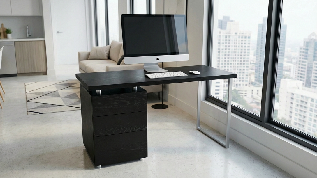 Black studio desk with three-drawer cabinet and metal leg | Modern Furniture by Interior Ave