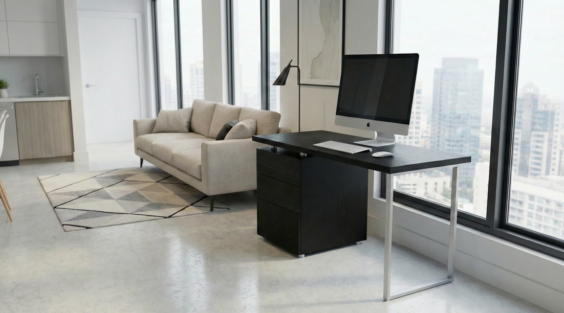 Black studio desk with three-drawer cabinet and metal leg | Modern Furniture by Interior Ave