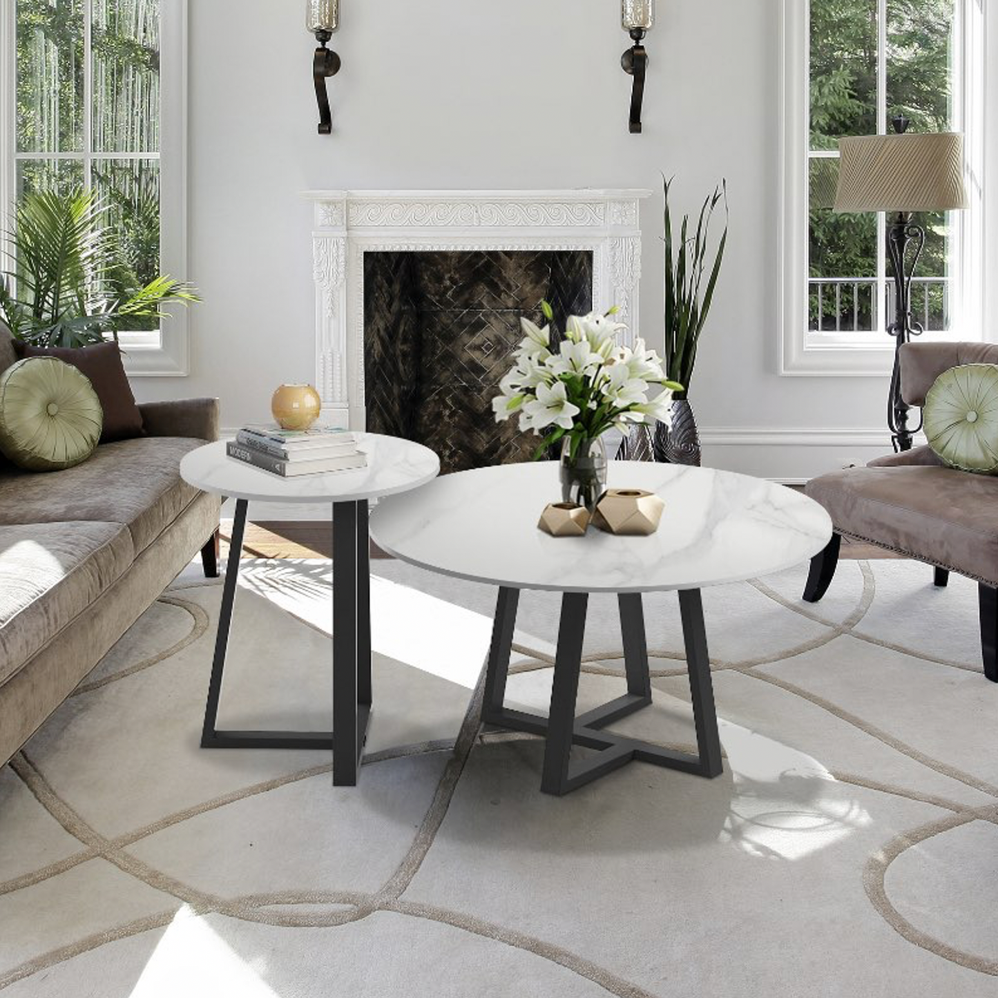 BROADWAY TWO-TIER STONE COFFEE TABLE - WHITE MARBLE STONE